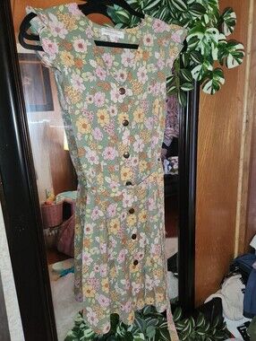 Floral Button-Front Green Summer Dress